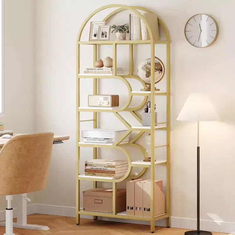 Étagère haute moderne à 6 niveaux avec design géométrique arqué - Bibliothèque ouverte de 82 po pour bureau à domicile et organisation de salon