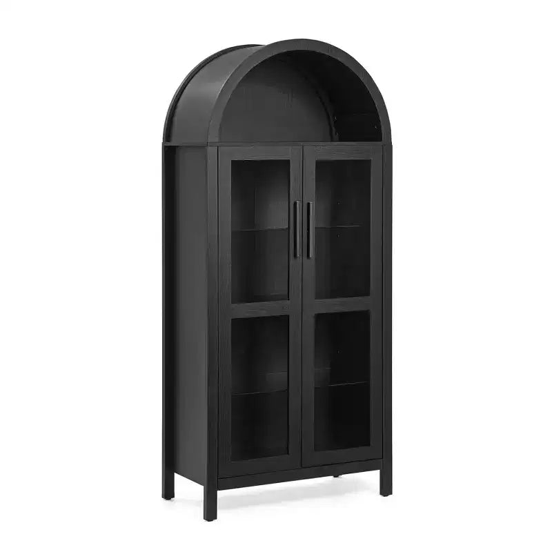 MAYEERTY Meuble de rangement haut avec lampe, Meuble de rangement en bois de style rétro moderne avec cloisons en verre réglables Noir