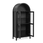 MAYEERTY Meuble de rangement haut avec lampe, Meuble de rangement en bois de style rétro moderne avec cloisons en verre réglables Noir