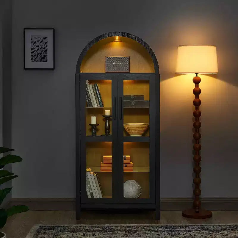 MAYEERTY Meuble de rangement haut avec lampe, Meuble de rangement en bois de style rétro moderne avec cloisons en verre réglables Noir