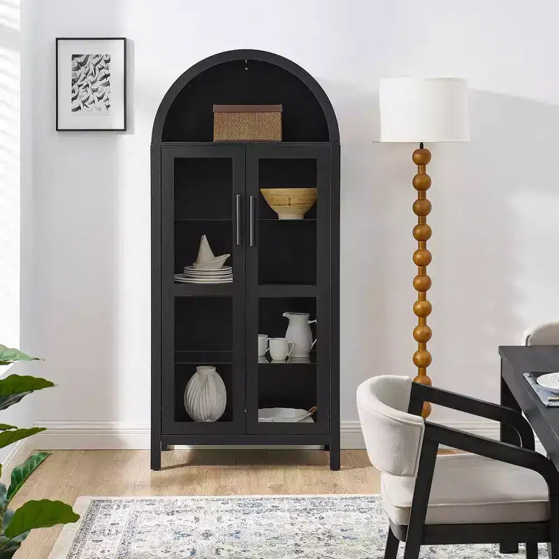 MAYEERTY Meuble de rangement haut avec lampe, Meuble de rangement en bois de style rétro moderne avec cloisons en verre réglables Noir
