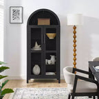 MAYEERTY Meuble de rangement haut avec lampe, Meuble de rangement en bois de style rétro moderne avec cloisons en verre réglables Noir