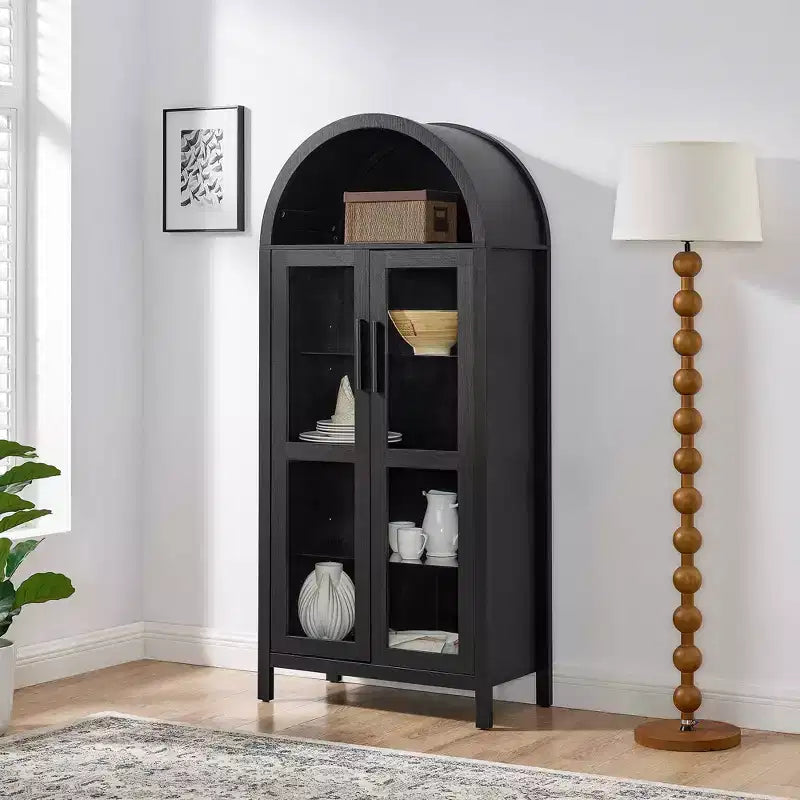 MAYEERTY Meuble de rangement haut avec lampe, Meuble de rangement en bois de style rétro moderne avec cloisons en verre réglables Noir