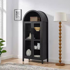 MAYEERTY Meuble de rangement haut avec lampe, Meuble de rangement en bois de style rétro moderne avec cloisons en verre réglables Noir