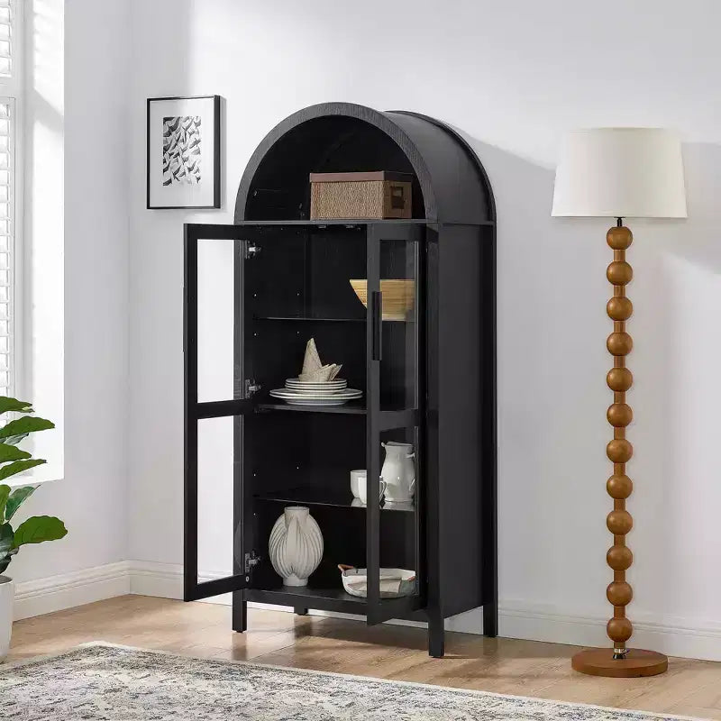 MAYEERTY Meuble de rangement haut avec lampe, Meuble de rangement en bois de style rétro moderne avec cloisons en verre réglables Noir