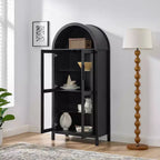 MAYEERTY Meuble de rangement haut avec lampe, Meuble de rangement en bois de style rétro moderne avec cloisons en verre réglables Noir