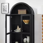 MAYEERTY Meuble de rangement haut avec lampe, Meuble de rangement en bois de style rétro moderne avec cloisons en verre réglables Noir
