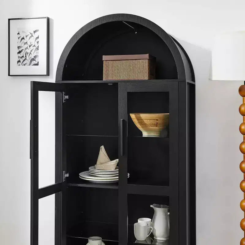 MAYEERTY Meuble de rangement haut avec lampe, Meuble de rangement en bois de style rétro moderne avec cloisons en verre réglables Noir