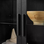 MAYEERTY Meuble de rangement haut avec lampe, Meuble de rangement en bois de style rétro moderne avec cloisons en verre réglables Noir