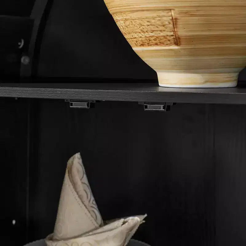 MAYEERTY Meuble de rangement haut avec lampe, Meuble de rangement en bois de style rétro moderne avec cloisons en verre réglables Noir