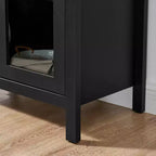 MAYEERTY Meuble de rangement haut avec lampe, Meuble de rangement en bois de style rétro moderne avec cloisons en verre réglables Noir