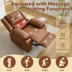 Fauteuil inclinable de massage surdimensionné pour adultes, canapé individuel chauffant en cuir PU avec vibrations et chaleur, poche latérale, canapé inclinable (marron)