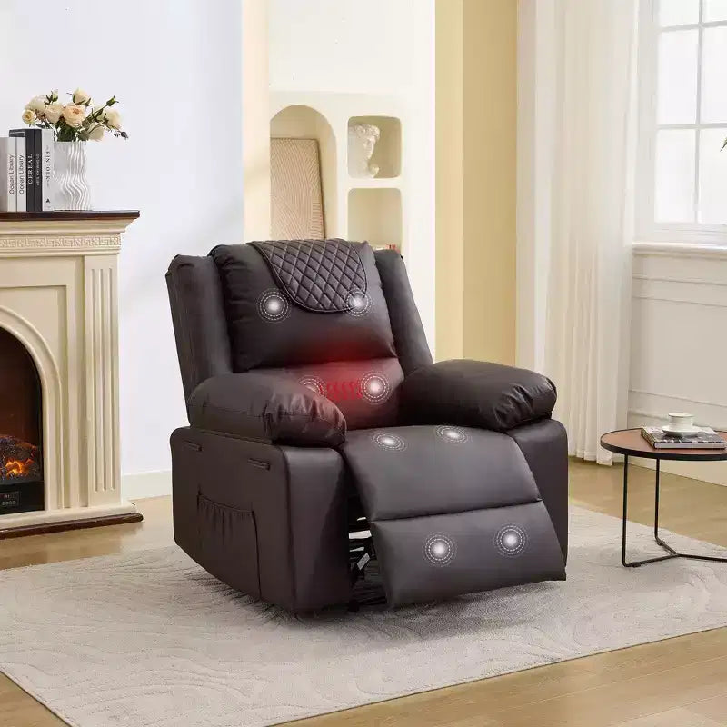 Fauteuil inclinable de massage surdimensionné pour adultes, canapé individuel chauffant en cuir PU avec vibrations et chaleur, poche latérale, canapé inclinable (marron)
