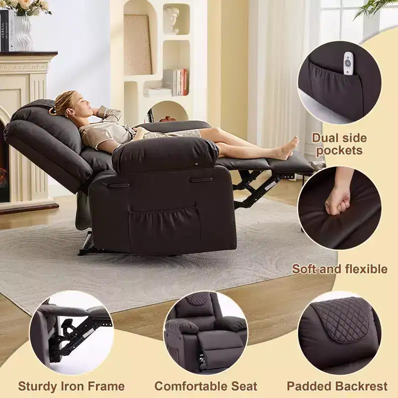 Fauteuil inclinable de massage surdimensionné pour adultes, canapé individuel chauffant en cuir PU avec vibrations et chaleur, poche latérale, canapé inclinable (marron)