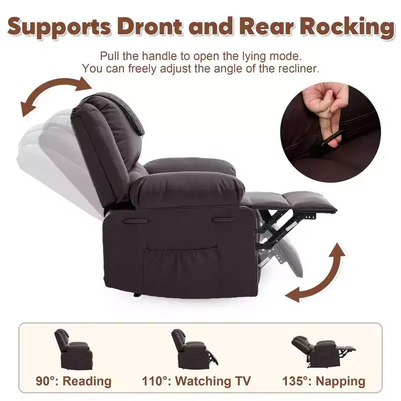 Fauteuil inclinable de massage surdimensionné pour adultes, canapé individuel chauffant en cuir PU avec vibrations et chaleur, poche latérale, canapé inclinable (marron)