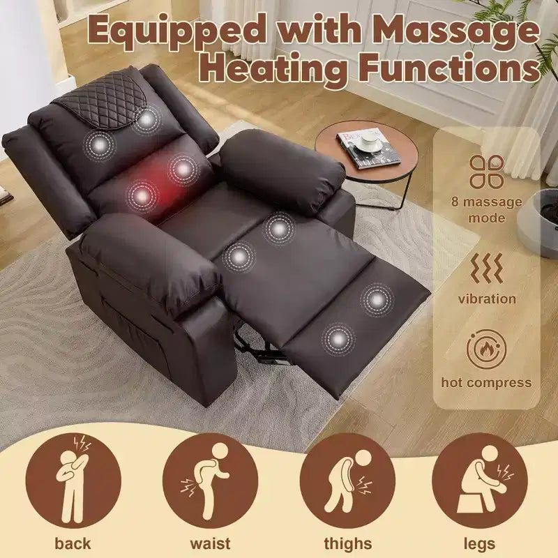 Fauteuil inclinable de massage surdimensionné pour adultes, canapé individuel chauffant en cuir PU avec vibrations et chaleur, poche latérale, canapé inclinable (marron)