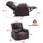 Fauteuil inclinable de massage surdimensionné pour adultes, canapé individuel chauffant en cuir PU avec vibrations et chaleur, poche latérale, canapé inclinable (marron)