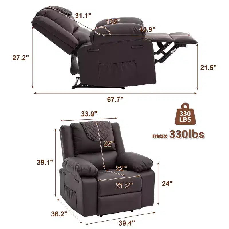 Fauteuil inclinable de massage surdimensionné pour adultes, canapé individuel chauffant en cuir PU avec vibrations et chaleur, poche latérale, canapé inclinable (marron)