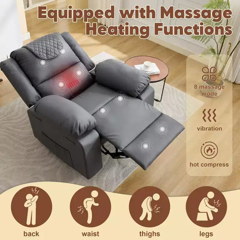 Fauteuil inclinable de massage surdimensionné pour adultes, canapé individuel chauffant en cuir PU avec vibrations et chaleur, poche latérale, canapé inclinable (marron)