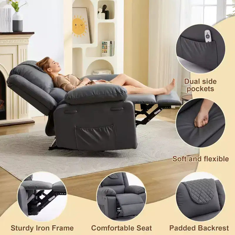 Fauteuil inclinable de massage surdimensionné pour adultes, canapé individuel chauffant en cuir PU avec vibrations et chaleur, poche latérale, canapé inclinable (marron)