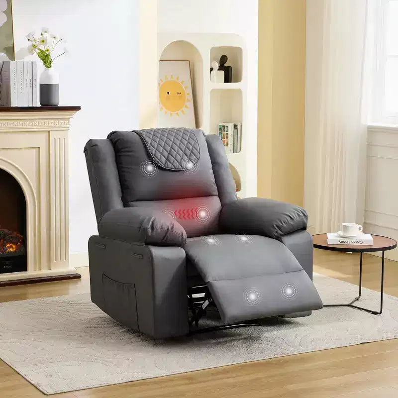 Fauteuil inclinable de massage surdimensionné pour adultes, canapé individuel chauffant en cuir PU avec vibrations et chaleur, poche latérale, canapé inclinable (marron)