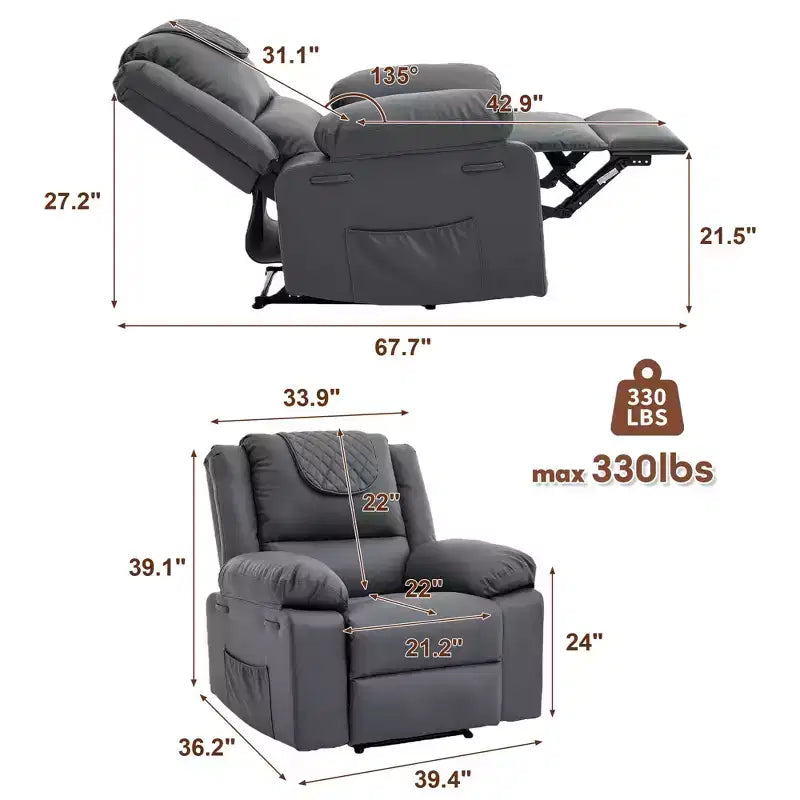 Fauteuil inclinable de massage surdimensionné pour adultes, canapé individuel chauffant en cuir PU avec vibrations et chaleur, poche latérale, canapé inclinable (marron)