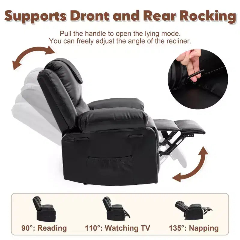 Fauteuil inclinable de massage surdimensionné pour adultes, canapé individuel chauffant en cuir PU avec vibrations et chaleur, poche latérale, canapé inclinable (marron)