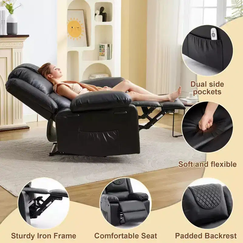 Fauteuil inclinable de massage surdimensionné pour adultes, canapé individuel chauffant en cuir PU avec vibrations et chaleur, poche latérale, canapé inclinable (marron)