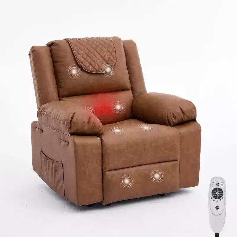 Fauteuil inclinable de massage surdimensionné pour adultes, canapé individuel chauffant en cuir PU avec vibrations et chaleur, poche latérale, canapé inclinable (marron)
