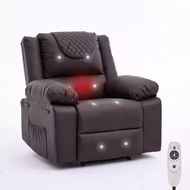 Fauteuil inclinable de massage surdimensionné pour adultes, canapé individuel chauffant en cuir PU avec vibrations et chaleur, poche latérale, canapé inclinable (marron)
