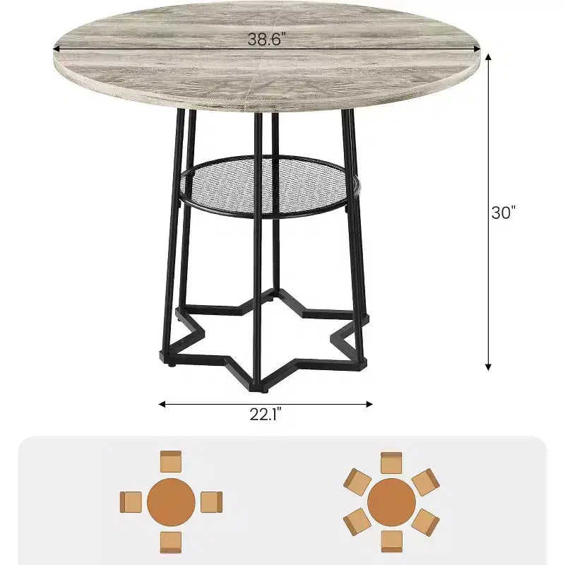 Table de salle à manger 38Farmhouse avec base métallique hexagonale et étagère de rangement, table à manger ronde moderne pour 4 personnes, plateau en bois pour petits espaces pour cuisine, salon