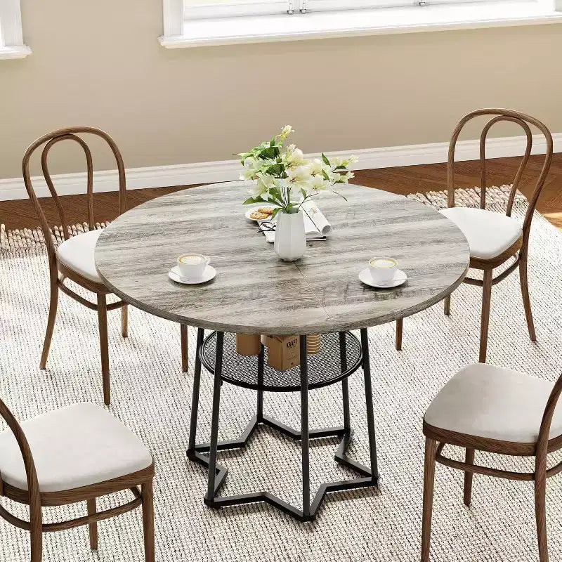 Table de salle à manger 38Farmhouse avec base métallique hexagonale et étagère de rangement, table à manger ronde moderne pour 4 personnes, plateau en bois pour petits espaces pour cuisine, salon