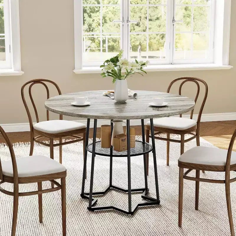 Table de salle à manger 38Farmhouse avec base métallique hexagonale et étagère de rangement, table à manger ronde moderne pour 4 personnes, plateau en bois pour petits espaces pour cuisine, salon