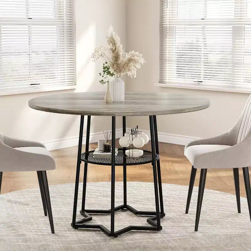 Table de salle à manger 38Farmhouse avec base métallique hexagonale et étagère de rangement, table à manger ronde moderne pour 4 personnes, plateau en bois pour petits espaces pour cuisine, salon