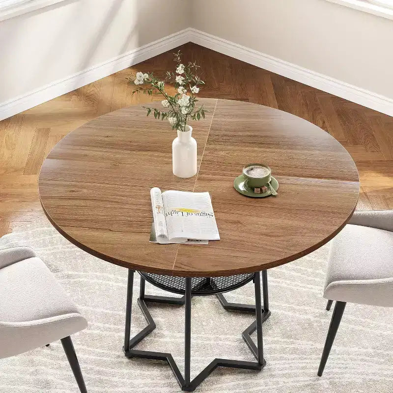 Table de salle à manger 38Farmhouse avec base métallique hexagonale et étagère de rangement, table à manger ronde moderne pour 4 personnes, plateau en bois pour petits espaces pour cuisine, salon
