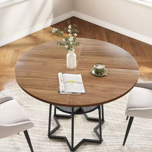 Table de salle à manger 38Farmhouse avec base métallique hexagonale et étagère de rangement, table à manger ronde moderne pour 4 personnes, plateau en bois pour petits espaces pour cuisine, salon