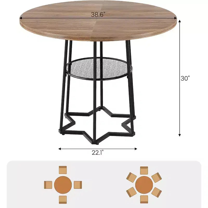 Table de salle à manger 38Farmhouse avec base métallique hexagonale et étagère de rangement, table à manger ronde moderne pour 4 personnes, plateau en bois pour petits espaces pour cuisine, salon