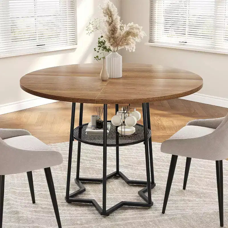 Table de salle à manger 38Farmhouse avec base métallique hexagonale et étagère de rangement, table à manger ronde moderne pour 4 personnes, plateau en bois pour petits espaces pour cuisine, salon