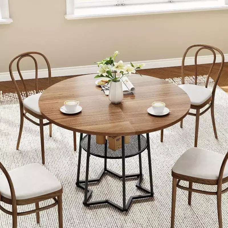 Table de salle à manger 38Farmhouse avec base métallique hexagonale et étagère de rangement, table à manger ronde moderne pour 4 personnes, plateau en bois pour petits espaces pour cuisine, salon