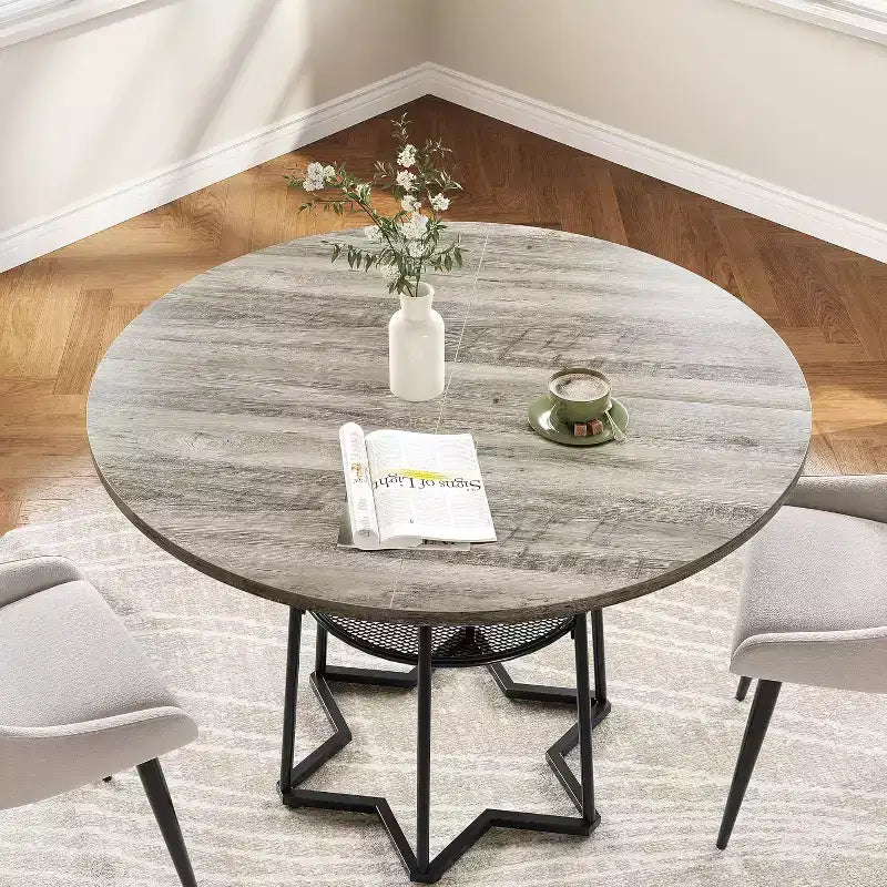 Table de salle à manger 38Farmhouse avec base métallique hexagonale et étagère de rangement, table à manger ronde moderne pour 4 personnes, plateau en bois pour petits espaces pour cuisine, salon