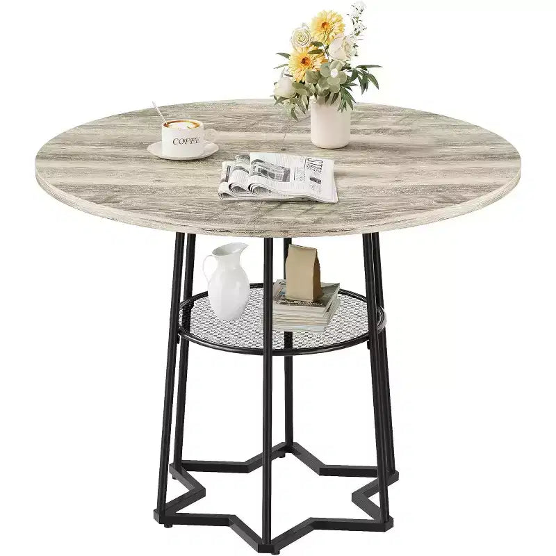Table de salle à manger 38Farmhouse avec base métallique hexagonale et étagère de rangement, table à manger ronde moderne pour 4 personnes, plateau en bois pour petits espaces pour cuisine, salon