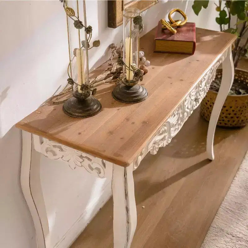 Console table antique blanche effet vieilli Table d'entrée vintage Table d'appoint de canapé Table d'appoint de style rustique français avec pieds incurvés - ModernLuxe