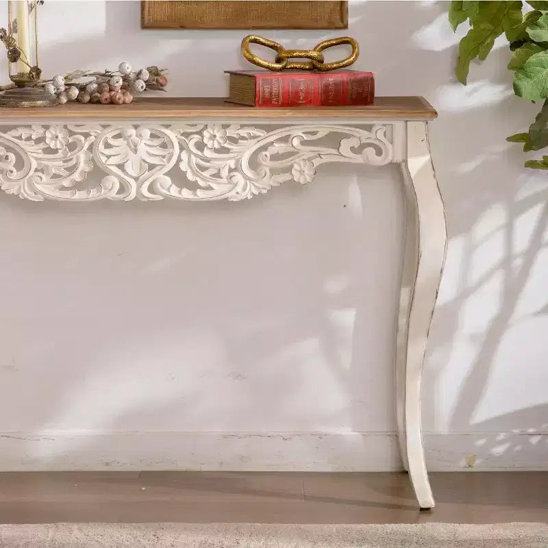 Console table antique blanche effet vieilli Table d'entrée vintage Table d'appoint de canapé Table d'appoint de style rustique français avec pieds incurvés - ModernLuxe