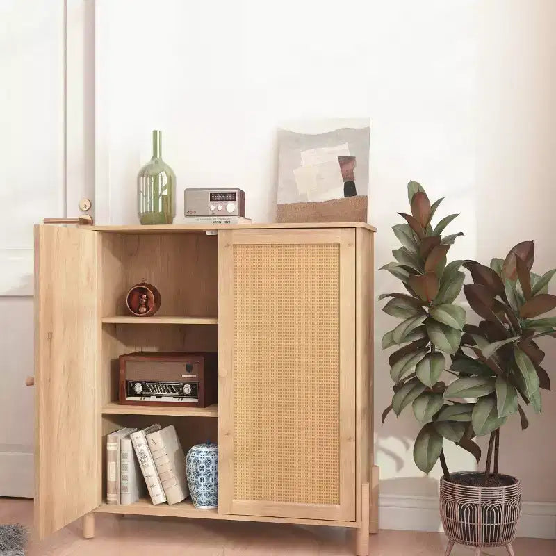 Buffet Moderne avec Portes et Étagères Réglables, Meuble de Cuisine Mid-Century, Meubles de Rangement à Portes en Rotin - Panipeachy