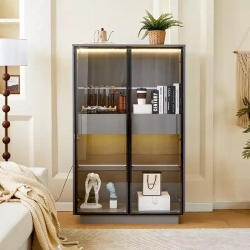 60,6 Armoire haute avec tiroirs et étagères en verre, unité de rangement moderne avec lumières LED pour salon - Panipeachy