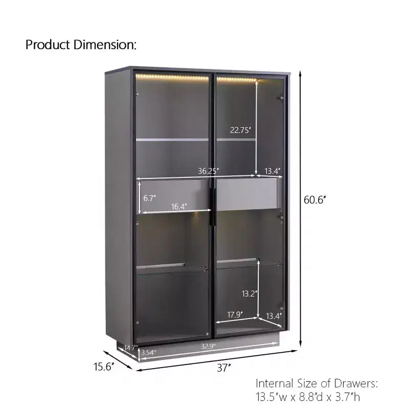 60,6 Armoire haute avec tiroirs et étagères en verre, unité de rangement moderne avec lumières LED pour salon - Panipeachy