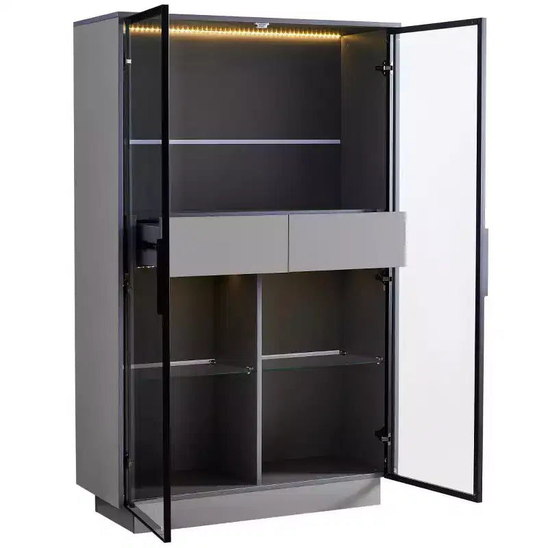 60,6 Armoire haute avec tiroirs et étagères en verre, unité de rangement moderne avec lumières LED pour salon - Panipeachy