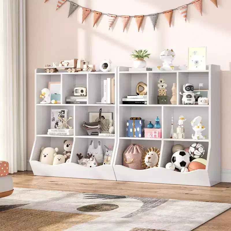 COZONY Lot de 2 étagères à Livres et Unités de Rangement de Jouets pour Enfants, Bibliothèque Autoportante en Bois à 3 Niveaux avec 7 Compartiments pour Chambre, Salle de Jeux, Crèche