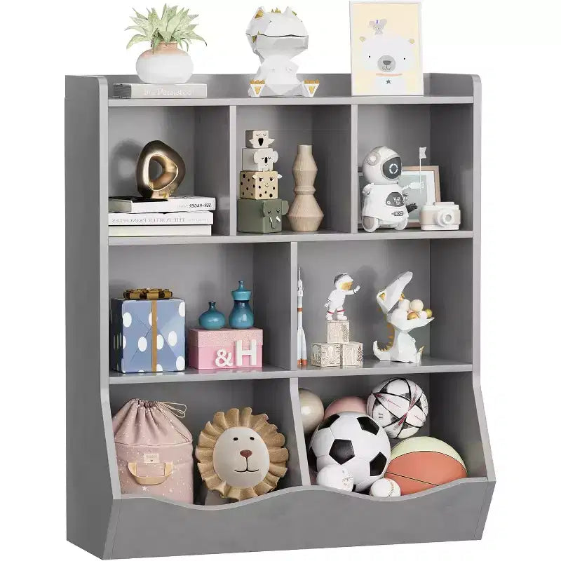 COZONY Set of 2 Kids Bookshelf and Toy Storage Unit, 3-Tier Wooden Freestanding Bookcase with 7 Compartments for Bedroom, Playroom, Nursery