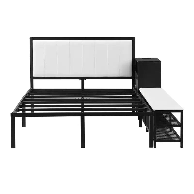 Lit double plateforme en métal Luxystar avec tête de lit capitonnée, 2 étagères de rangement, armoire de rangement en bois et ports de chargement USB